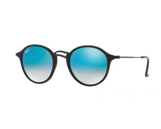 Ray Ban Round Fleck Shiny Black Crystal Mirror Gradient Blue