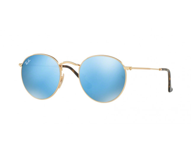 Verklaring Pakistan Overtreffen Ray-Ban Round Flat lens Metal Shiny Gold Crystal Light Blue Flash - RB3447N  001/9O - Sunglasses - IceOptic