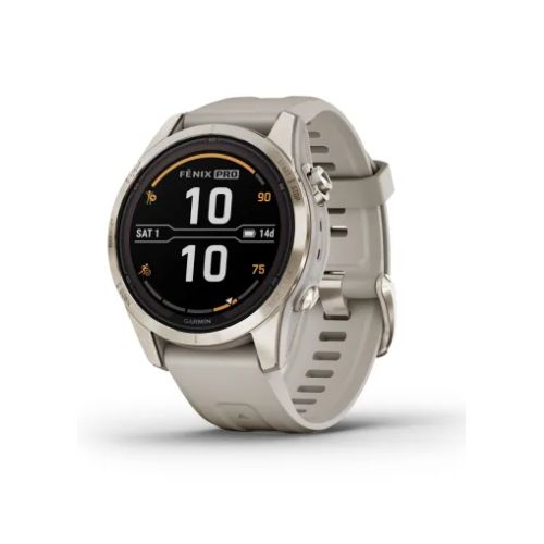 Garmin Fénix 7S Pro Sapphire Solar Titane Light Gold avec bracelet beige sable avec boucle or pâle